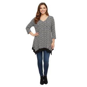 Slim Factor by Investments Black & White Print Stretch Tunic Top L Asymmetrical